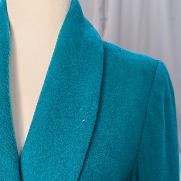 Vintage Teal 100% Wool Coat - Size 6 Petite, Crystal Detail - Picture 10 of 13